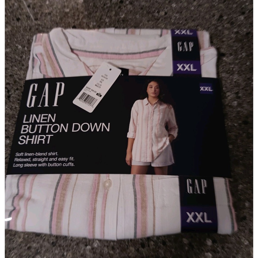 Gap Womens Plus Linen Relaxed Fit Casual Button-Down Shirt  XXL NEW Pink Stripes
